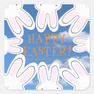 Pegatina Cuadrada Feliz cielo de Pascua azul lindo beeking bunnies d