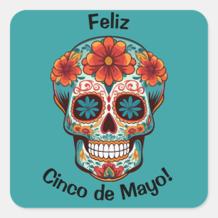 Pegatina Cuadrada Feliz Cinco de Mayo! Calavera de Azúcar