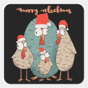 Pegatina Cuadrada Feliz Cluckmas - Gallinas Divertidas de Navidad