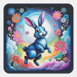Pegatina Cuadrada Feliz Conejo Azul Sueño Alegría