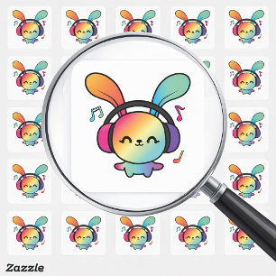 Pegatina Cuadrada Feliz Conejo con auriculares escuchando música.