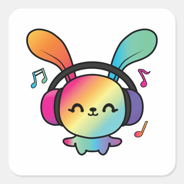 Pegatina Cuadrada Feliz Conejo con auriculares escuchando música. (Anverso)