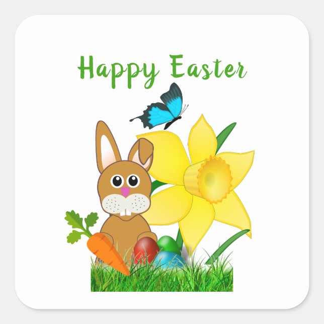 Pegatina Cuadrada Feliz Conejo Conejo Conejo de Pascua (Anverso)