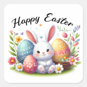 Pegatina Cuadrada Feliz Conejo de Pascua