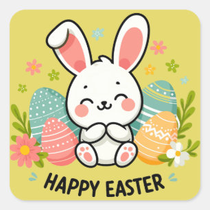 Pegatina Cuadrada Feliz Conejo de Pascua