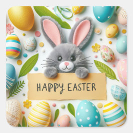 Pegatina Cuadrada Feliz Conejo de Pascua