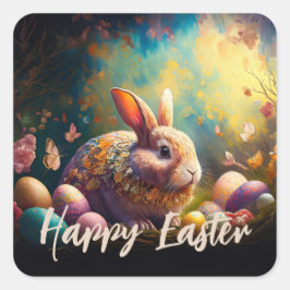 Pegatina Cuadrada Feliz Conejo de Pascua con huevos de Pascua