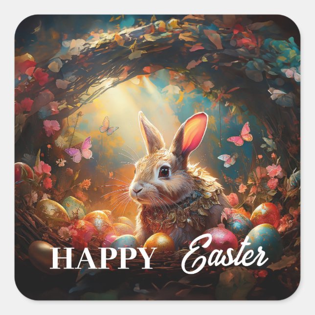 Pegatina Cuadrada Feliz Conejo de Pascua con huevos de Pascua (Anverso)