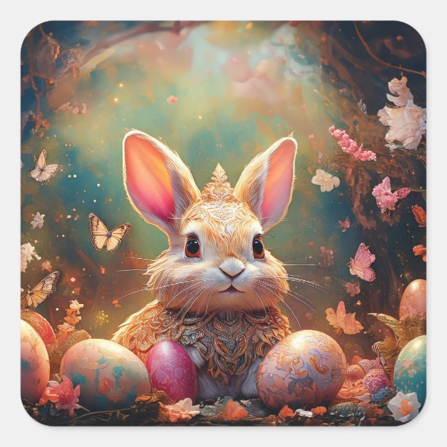 Pegatina Cuadrada Feliz Conejo de Pascua con huevos de Pascua (Anverso)