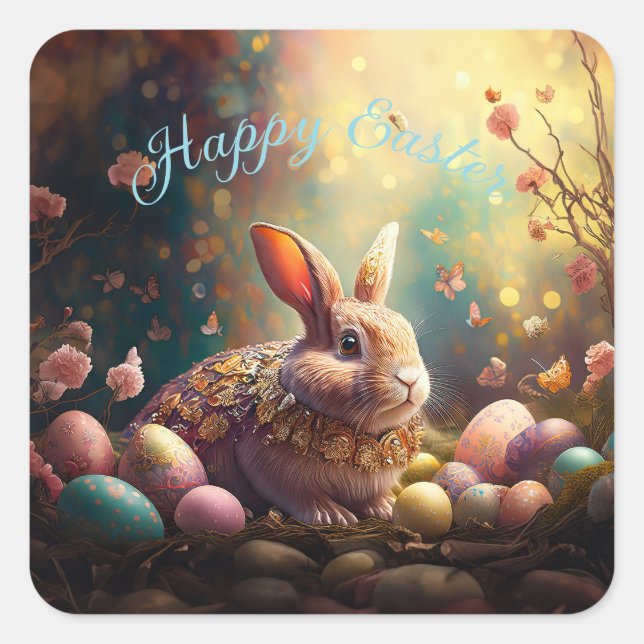 Pegatina Cuadrada Feliz Conejo de Pascua con huevos de Pascua (Anverso)