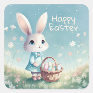 Pegatina Cuadrada Feliz Conejo de Pascua con huevos de Pascua
