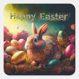 Pegatina Cuadrada Feliz Conejo de Pascua con huevos de Pascua