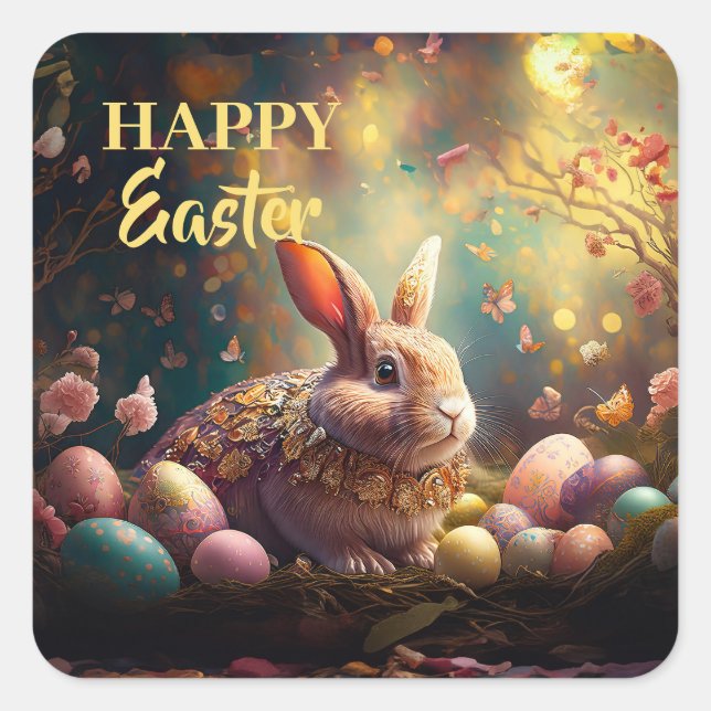 Pegatina Cuadrada Feliz Conejo de Pascua con huevos de Pascua (Anverso)