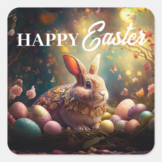 Pegatina Cuadrada Feliz Conejo de Pascua con huevos de Pascua (Anverso)