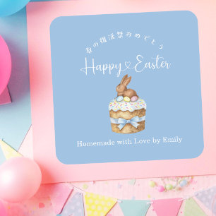 Pegatina Cuadrada Feliz Conejo de Pascua de Tarta Azul Polvoriento
