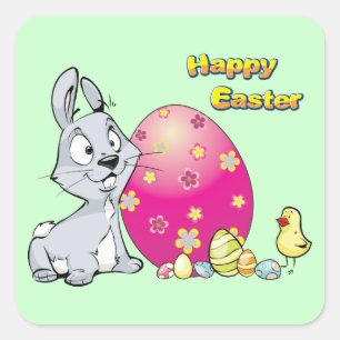 Pegatina Cuadrada Feliz Conejo de Pascua y Baby Chick