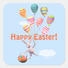 Pegatina Cuadrada Feliz Conejo de Pascua y Globos