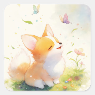 Pegatina Cuadrada Feliz Corgi con baile mariposa
