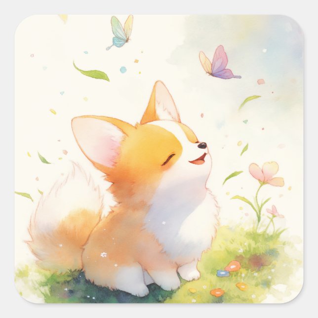 Pegatina Cuadrada Feliz Corgi con baile mariposa (Anverso)