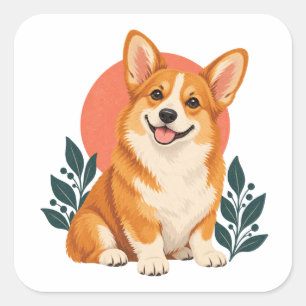 Pegatina Cuadrada Feliz Corgi Dorado con Sol Coral y Hojas Turquesa