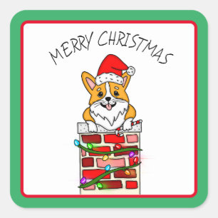 Pegatina Cuadrada Feliz Corgi navideño en chimenea con luces