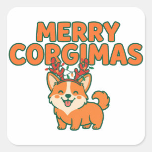 Pegatina Cuadrada Feliz Corgimas divertido regalo de Navidad para ma