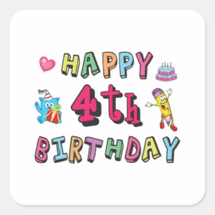 Pegatina Cuadrada Feliz cuarto cumpleaños, deseos de cuatro años al