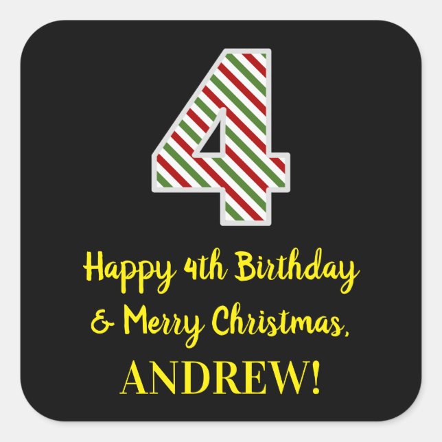 Pegatina Cuadrada Feliz cuarto cumpleaños y Feliz Navidad, nombre pe (Anverso)