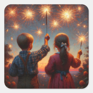 Pegatina Cuadrada Feliz cuarto hijo con esparklers personalizado
