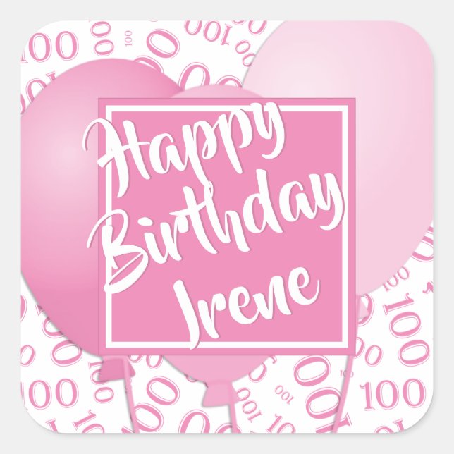 Pegatina Cuadrada Feliz cumpleaños - 100 Patrón de números rosa/blan (Anverso)