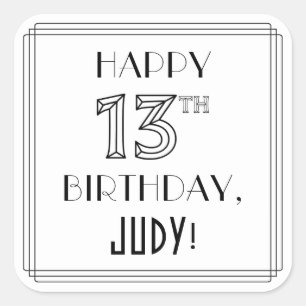 Pegatina Cuadrada FELIZ CUMPLEAÑOS 13, estilo Art Deco, nombre perso