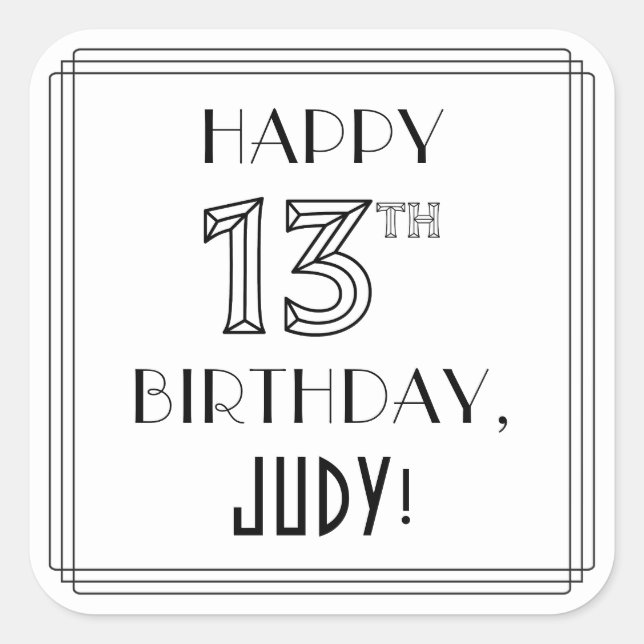 Pegatina Cuadrada FELIZ CUMPLEAÑOS 13, estilo Art Deco, nombre perso (Anverso)