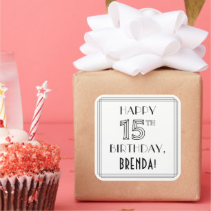 Pegatina Cuadrada FELIZ CUMPLEAÑOS 15, estilo Art Deco, nombre perso
