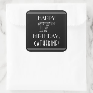 Pegatina Cuadrada FELIZ CUMPLEAÑOS 17; Estilo Art Deco; Nombre perso