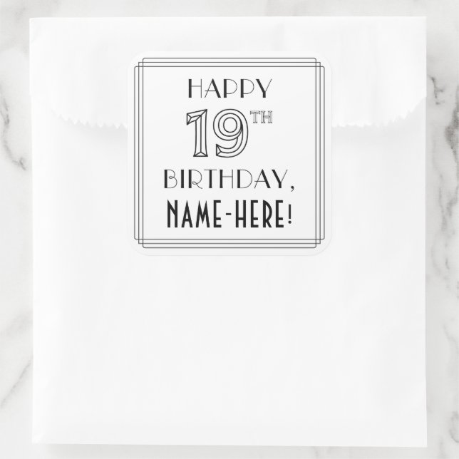 Pegatina Cuadrada FELIZ CUMPLEAÑOS 19, estilo Art Deco, nombre perso (Bolso)