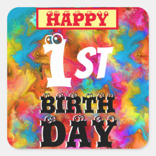 PEGATINA CUADRADA FELIZ CUMPLEAÑOS 1 EDITABLE CUMPLEAÑOS NIÑOS 