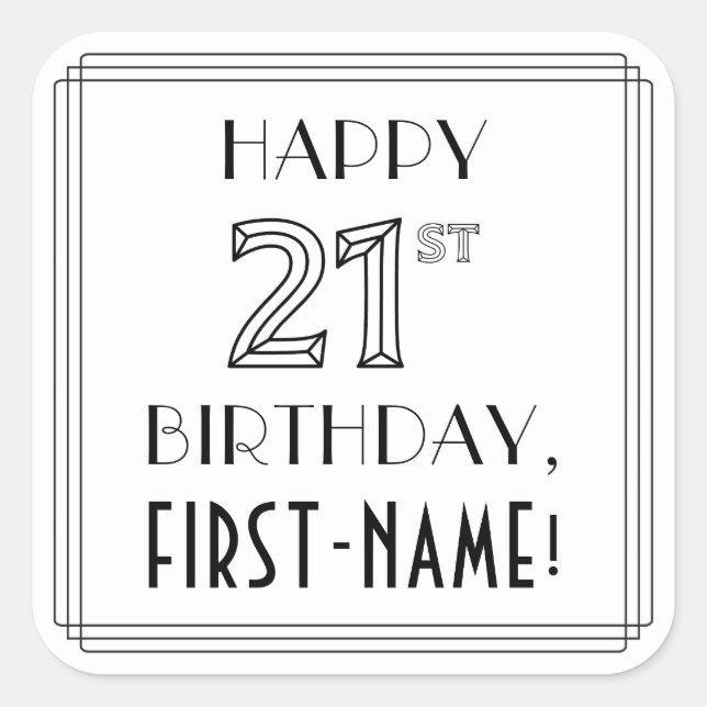Pegatina Cuadrada FELIZ CUMPLEAÑOS 21, estilo Art Deco, nombre perso (Anverso)