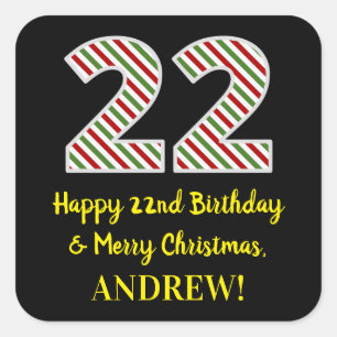 Pegatina Cuadrada Feliz cumpleaños 22 y Feliz Navidad, nombre person