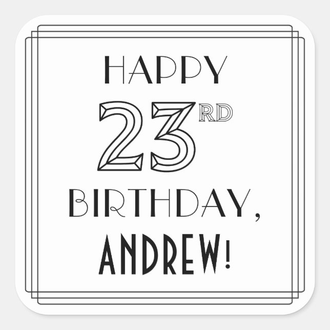 Pegatina Cuadrada FELIZ CUMPLEAÑOS 23, estilo Art Deco, nombre perso (Anverso)