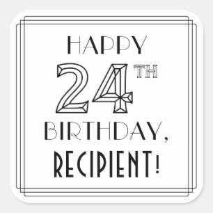 Pegatina Cuadrada FELIZ CUMPLEAÑOS 24, estilo Art Deco, nombre perso