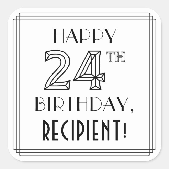 Pegatina Cuadrada FELIZ CUMPLEAÑOS 24, estilo Art Deco, nombre perso (Anverso)