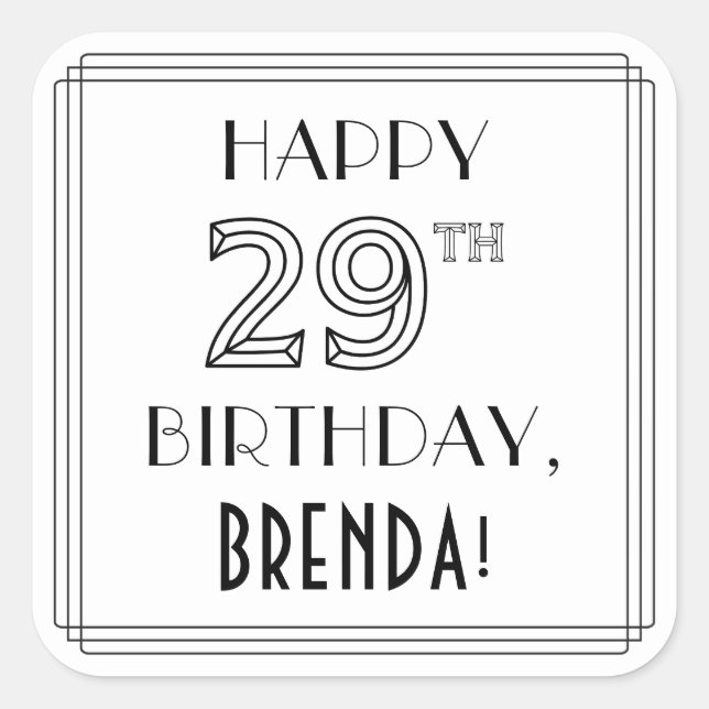 Pegatina Cuadrada FELIZ CUMPLEAÑOS 29, estilo Art Deco, nombre perso (Anverso)