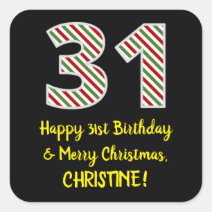Pegatina Cuadrada Feliz cumpleaños 31 y Feliz Navidad, nombre person