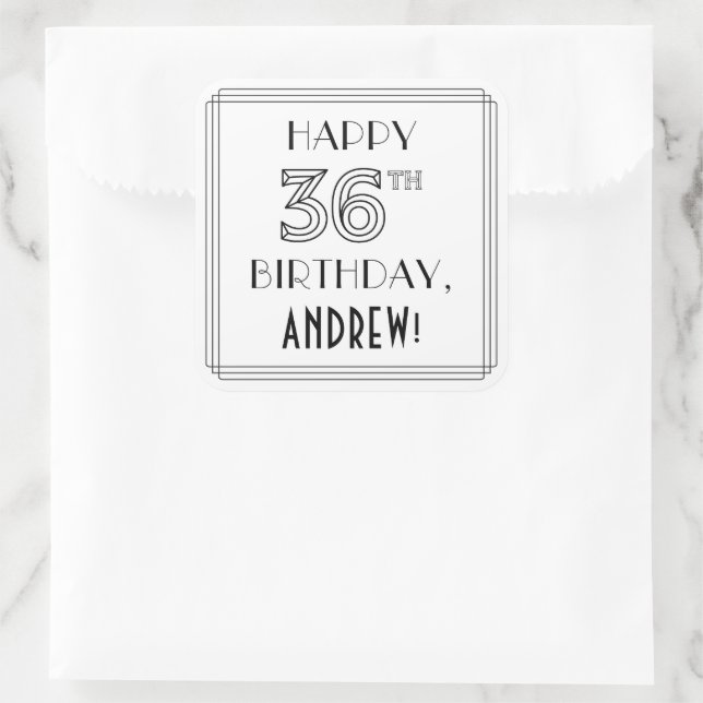 Pegatina Cuadrada FELIZ CUMPLEAÑOS 36, estilo Art Deco, nombre perso (Bolso)