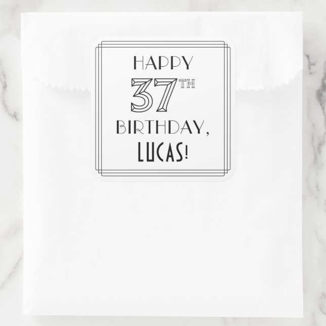 Pegatina Cuadrada FELIZ CUMPLEAÑOS 37, estilo Art Deco, nombre perso (Bolso)