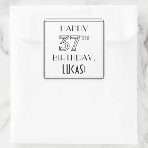 Pegatina Cuadrada FELIZ CUMPLEAÑOS 37, estilo Art Deco, nombre perso