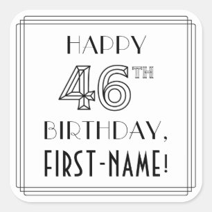 Pegatina Cuadrada FELIZ CUMPLEAÑOS 46, estilo Art Deco, nombre perso