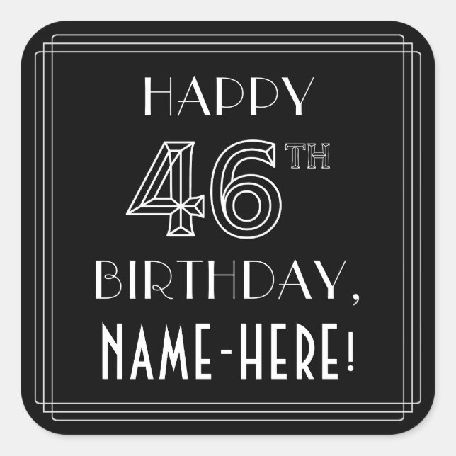 Pegatina Cuadrada FELIZ CUMPLEAÑOS 46; Estilo Art Deco; Nombre perso (Anverso)