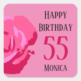 Pegatina Cuadrada Feliz cumpleaños 55 "Nombre" Rosa Rosa