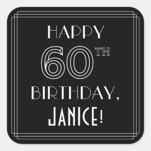Pegatina Cuadrada FELIZ CUMPLEAÑOS 60; Estilo Art Deco; Nombre perso